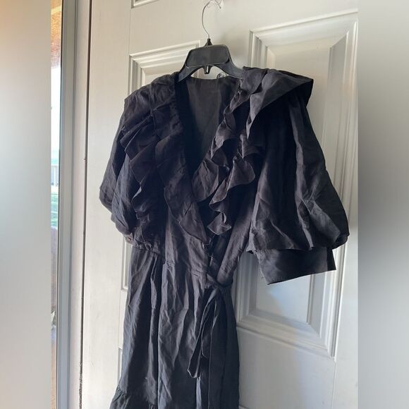 Magali Pascal Maggie Black Silk Blend Ruffled V-Neck Tie Waist Mini Dress Size 8 - Picture 6 of 8